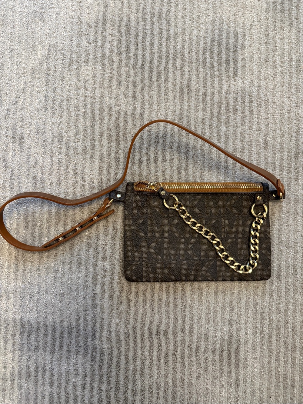 Michael Kors Brown Logo Belt Bag with Gold Chain Accent
